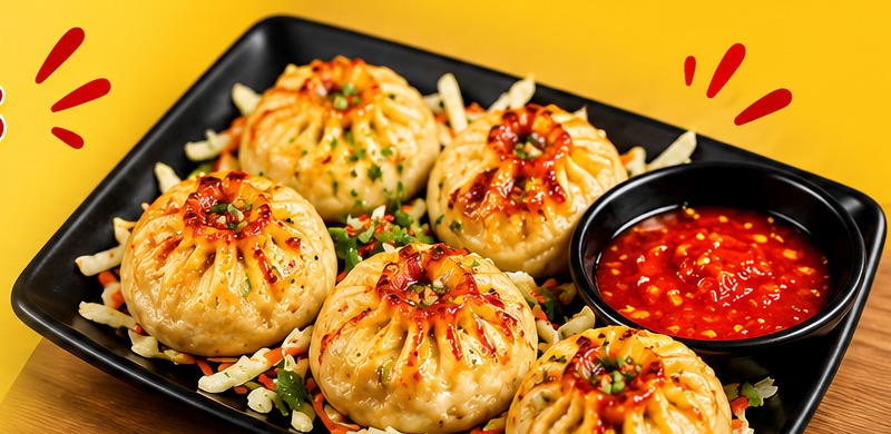 Golden baked momos served with honey chilli sauce
